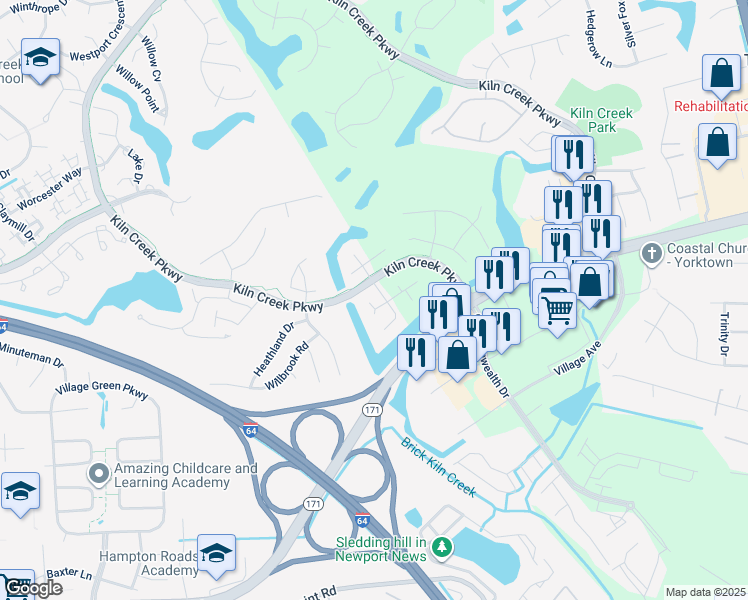 map of restaurants, bars, coffee shops, grocery stores, and more near 730 Broad Bay Cove in Newport News