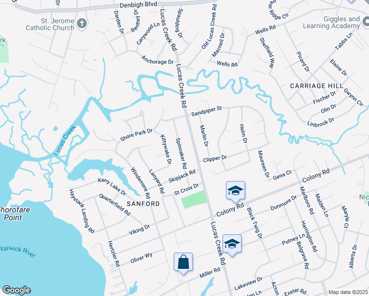 map of restaurants, bars, coffee shops, grocery stores, and more near 508 Spinnaker Road in Newport News