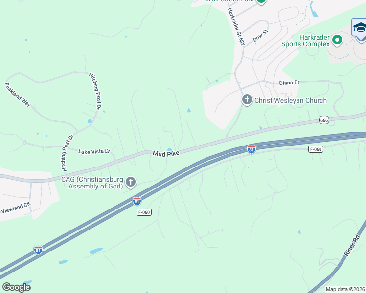 map of restaurants, bars, coffee shops, grocery stores, and more near 1849-1853 Mud Pike in Christiansburg