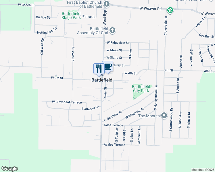 map of restaurants, bars, coffee shops, grocery stores, and more near 5504 Main Street in Battlefield