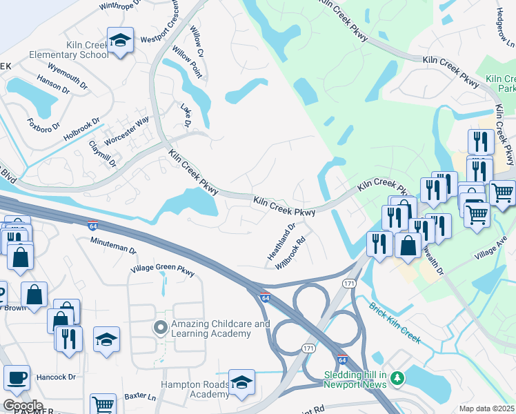 map of restaurants, bars, coffee shops, grocery stores, and more near 809 Snead Drive in Newport News