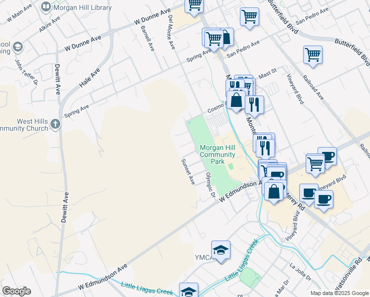 map of restaurants, bars, coffee shops, grocery stores, and more near 411 Denali Drive in Morgan Hill