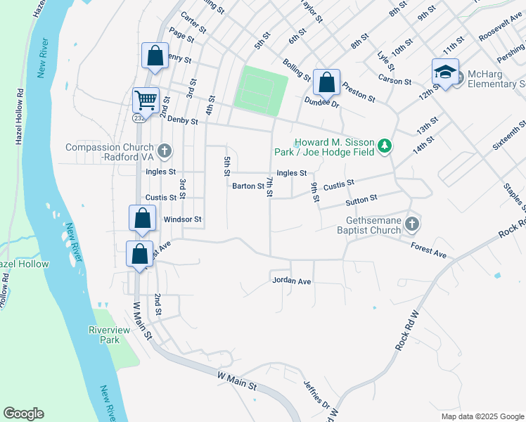 map of restaurants, bars, coffee shops, grocery stores, and more near 2001-2111 7th St in Radford