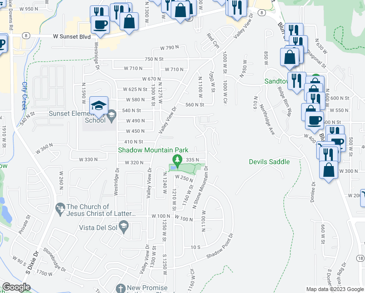 map of restaurants, bars, coffee shops, grocery stores, and more near 1150 West 360 North in St. George