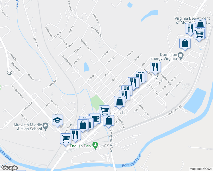map of restaurants, bars, coffee shops, grocery stores, and more near 904 9th Street in Altavista