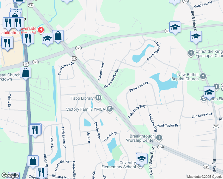 map of restaurants, bars, coffee shops, grocery stores, and more near 104 Murray Way in Yorktown