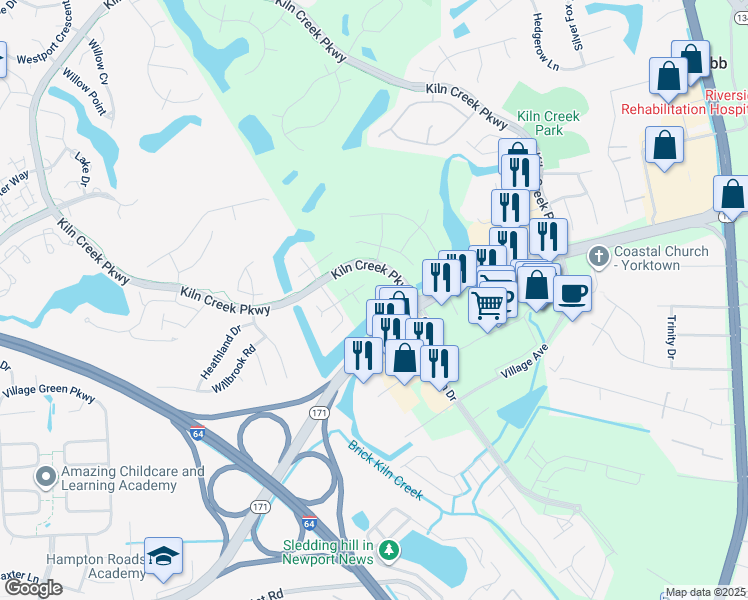 map of restaurants, bars, coffee shops, grocery stores, and more near 713 Anchor Bay Cove in Newport News