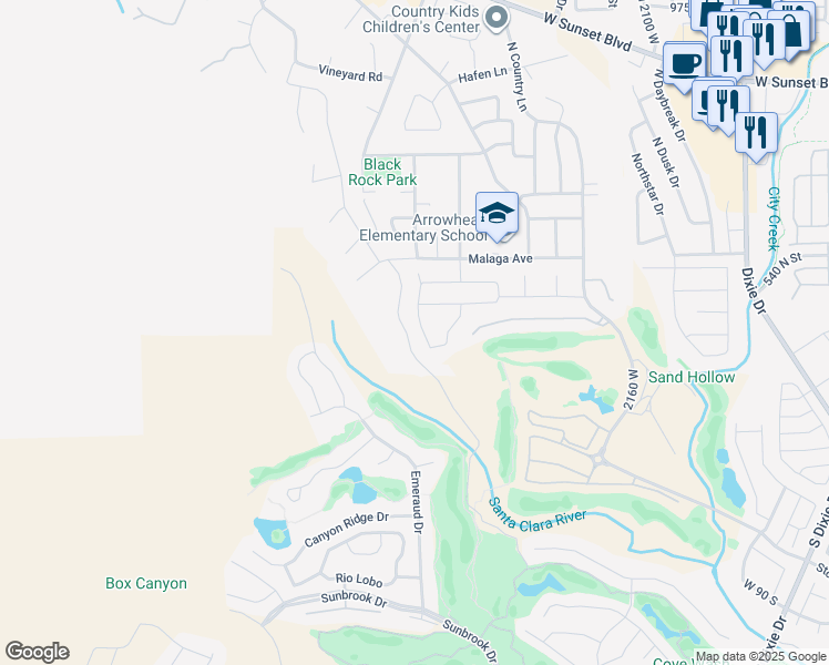 map of restaurants, bars, coffee shops, grocery stores, and more near 373 North Vineyard Ridge Drive in St. George