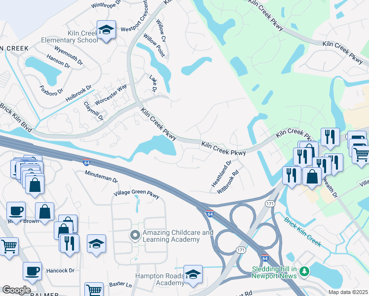 map of restaurants, bars, coffee shops, grocery stores, and more near 808 Zoeller Court in Newport News