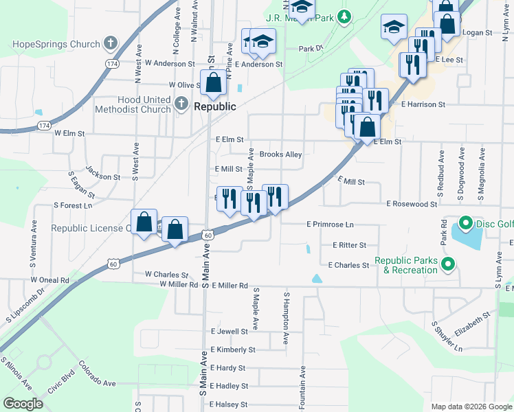 map of restaurants, bars, coffee shops, grocery stores, and more near 228 U.S. 60 in Republic
