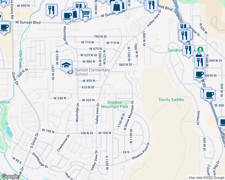 map of restaurants, bars, coffee shops, grocery stores, and more near 1235 West 360 North in St. George