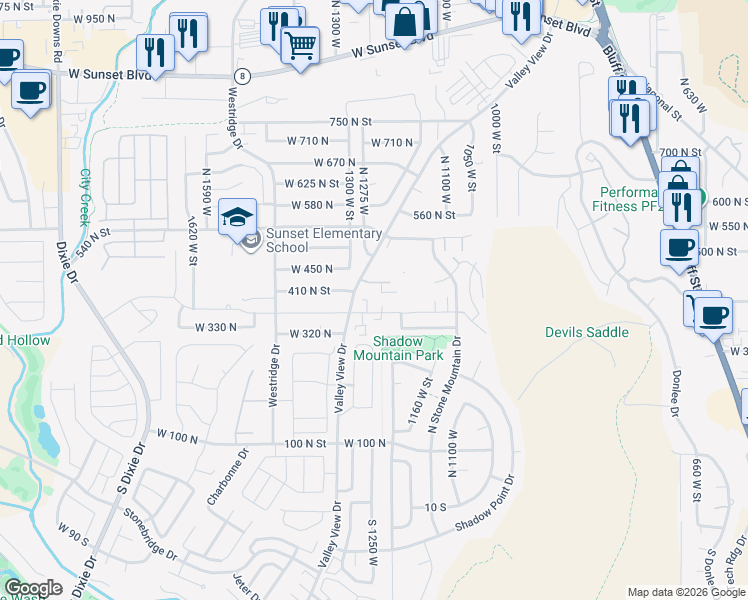 map of restaurants, bars, coffee shops, grocery stores, and more near 1235 West 360 North in St. George