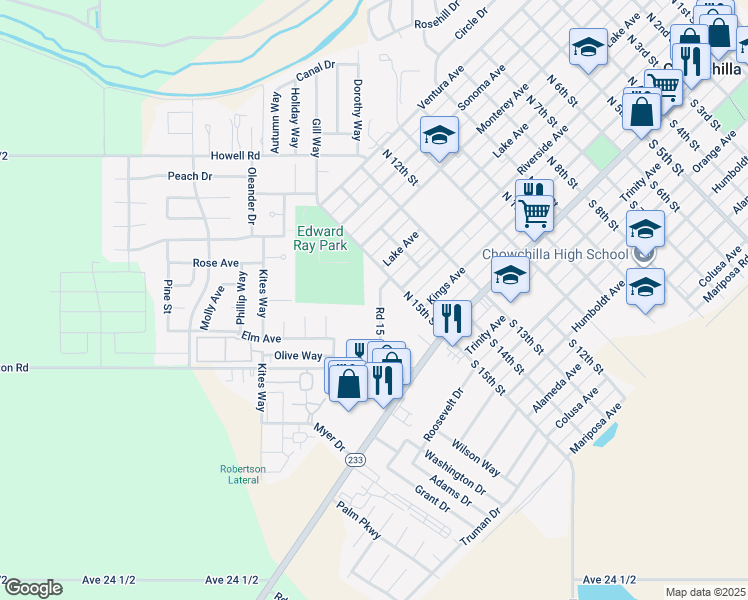 map of restaurants, bars, coffee shops, grocery stores, and more near 1530 Defender Street in Chowchilla