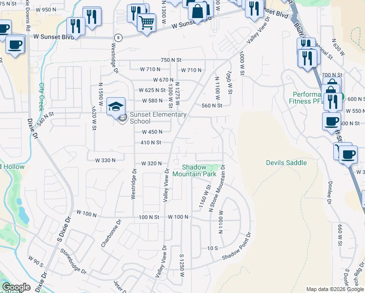 map of restaurants, bars, coffee shops, grocery stores, and more near 1235 West 360 North in St. George