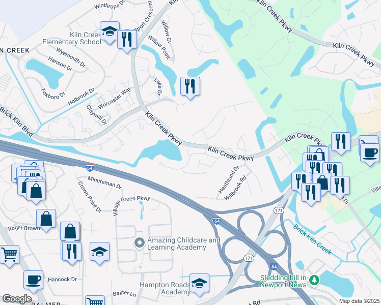 map of restaurants, bars, coffee shops, grocery stores, and more near 808 Zoeller Court in Newport News