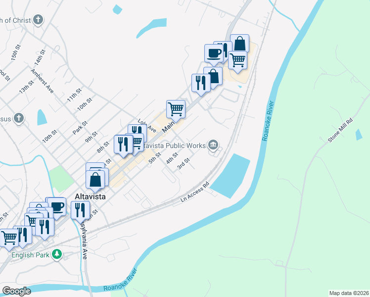 map of restaurants, bars, coffee shops, grocery stores, and more near 1197 4th Street in Altavista