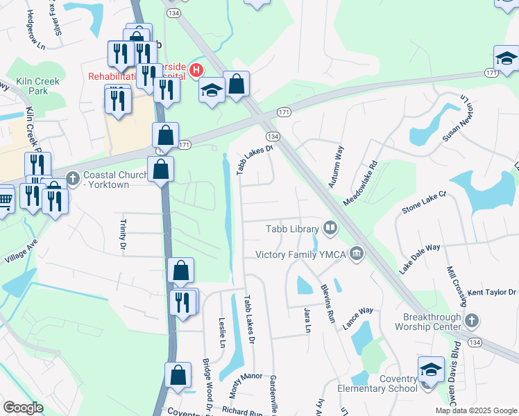 map of restaurants, bars, coffee shops, grocery stores, and more near 106 Heath Place in Yorktown