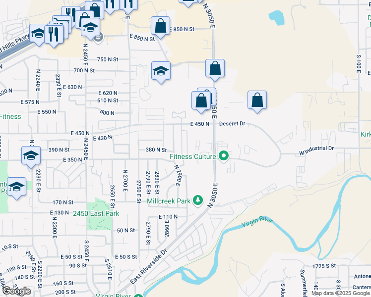 map of restaurants, bars, coffee shops, grocery stores, and more near 2930 East 450 North in St. George
