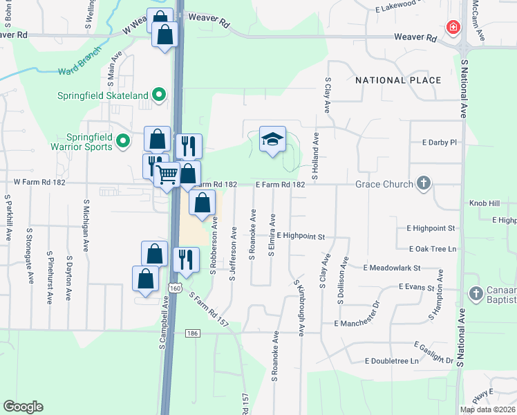 map of restaurants, bars, coffee shops, grocery stores, and more near 5503 South Elmira Avenue in Springfield