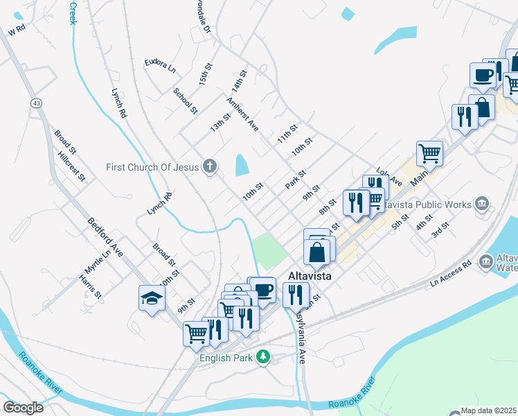 map of restaurants, bars, coffee shops, grocery stores, and more near 804 Park Street in Altavista
