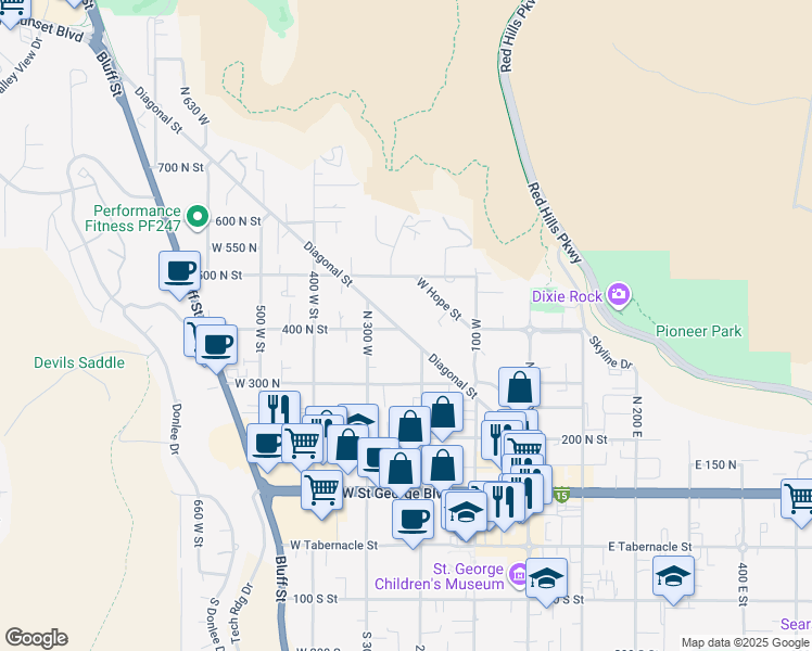map of restaurants, bars, coffee shops, grocery stores, and more near 230 Diagonal Street in St. George