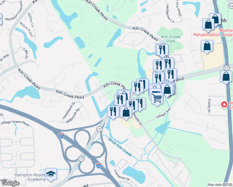 map of restaurants, bars, coffee shops, grocery stores, and more near 719 Anchor Bay Cove in Newport News
