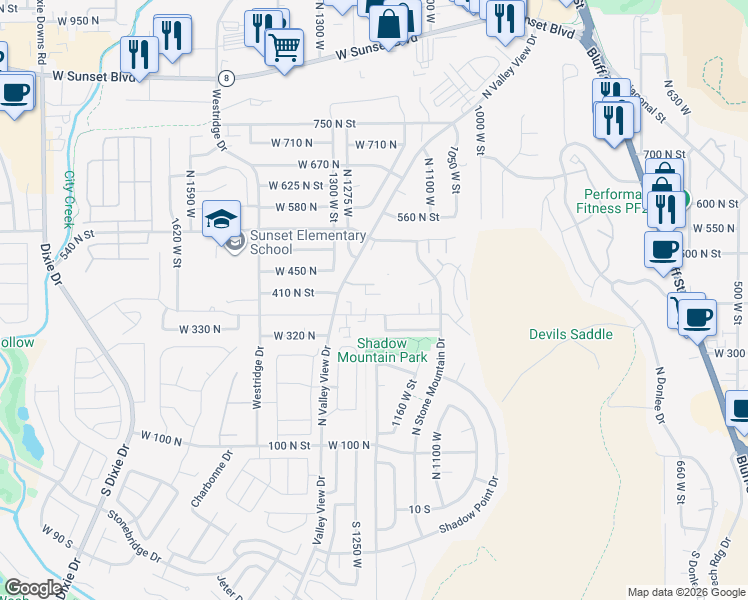 map of restaurants, bars, coffee shops, grocery stores, and more near 1238 West 360 North in St. George