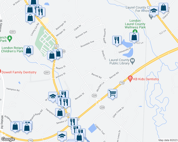 map of restaurants, bars, coffee shops, grocery stores, and more near 1501 Day Lane in London
