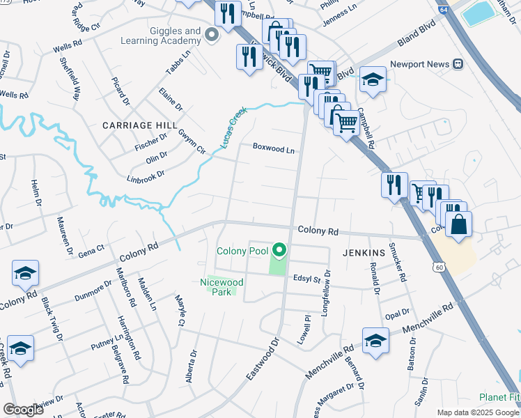 map of restaurants, bars, coffee shops, grocery stores, and more near 192 Colony Road in Newport News