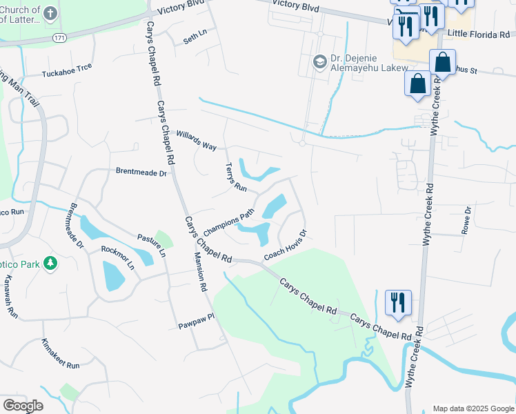 map of restaurants, bars, coffee shops, grocery stores, and more near 218 Champions Path in Yorktown