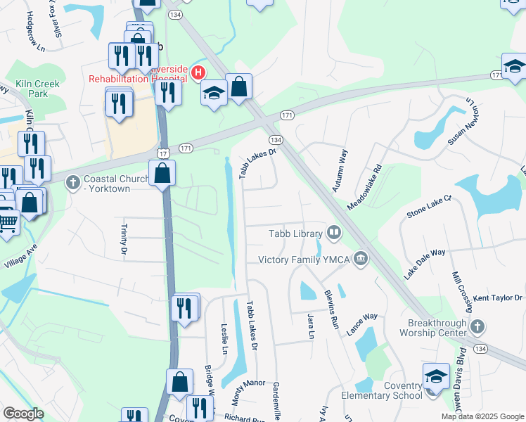 map of restaurants, bars, coffee shops, grocery stores, and more near 106 Heath Place in Yorktown