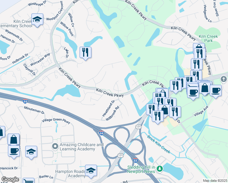 map of restaurants, bars, coffee shops, grocery stores, and more near 911 Backspin Court in Newport News