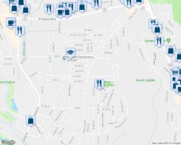map of restaurants, bars, coffee shops, grocery stores, and more near 1315 West 360 North in St. George