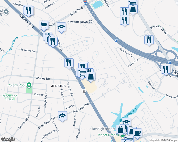 map of restaurants, bars, coffee shops, grocery stores, and more near 52 Colony Road in Newport News