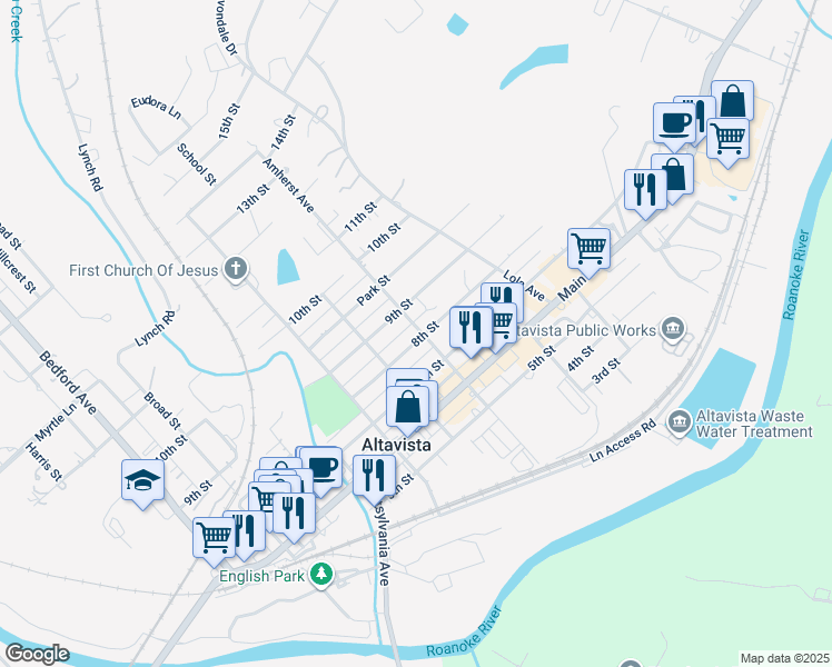 map of restaurants, bars, coffee shops, grocery stores, and more near 802 Amherst Avenue in Altavista