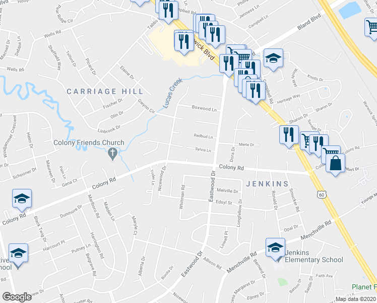 map of restaurants, bars, coffee shops, grocery stores, and more near 17 Sylvia Lane in Newport News