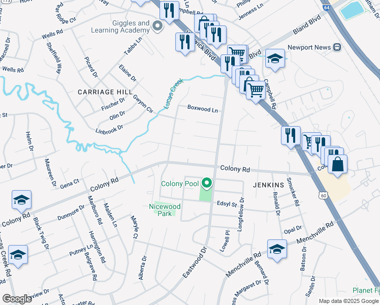 map of restaurants, bars, coffee shops, grocery stores, and more near 17 Sylvia Lane in Newport News