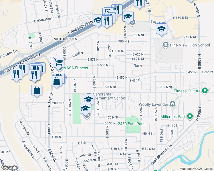 map of restaurants, bars, coffee shops, grocery stores, and more near 2299 East 390 North in St. George