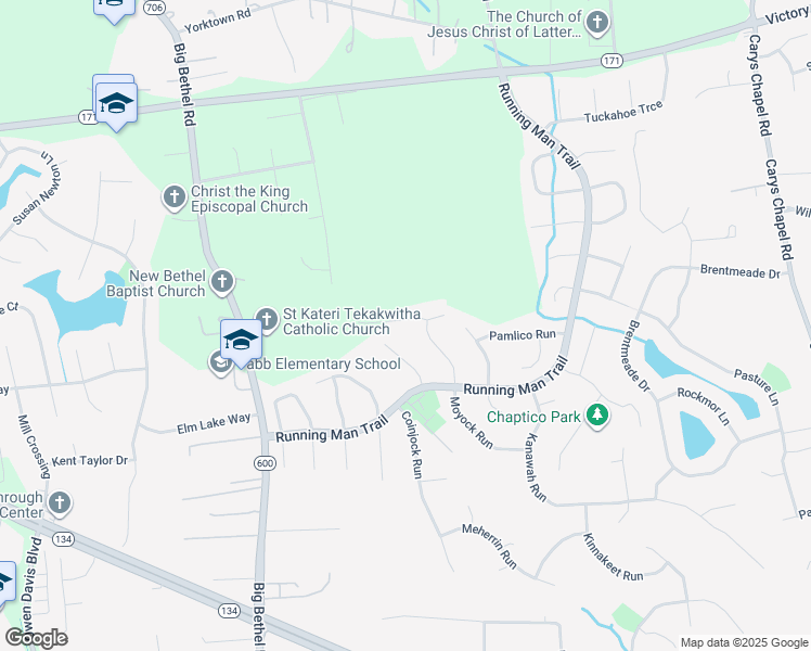 map of restaurants, bars, coffee shops, grocery stores, and more near 105 Calusa Turn in Yorktown
