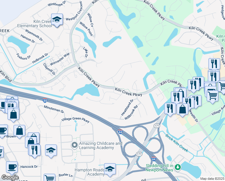 map of restaurants, bars, coffee shops, grocery stores, and more near 901 Nicklaus Drive in Newport News