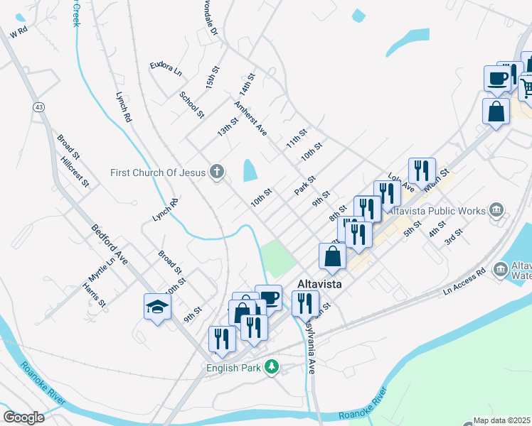 map of restaurants, bars, coffee shops, grocery stores, and more near 804 Park Street in Altavista