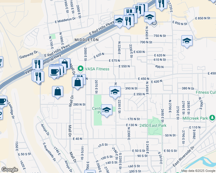 map of restaurants, bars, coffee shops, grocery stores, and more near 2155 East 390 North Circle in St. George