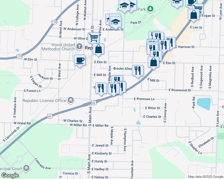 map of restaurants, bars, coffee shops, grocery stores, and more near 208 East Brooks Street in Republic