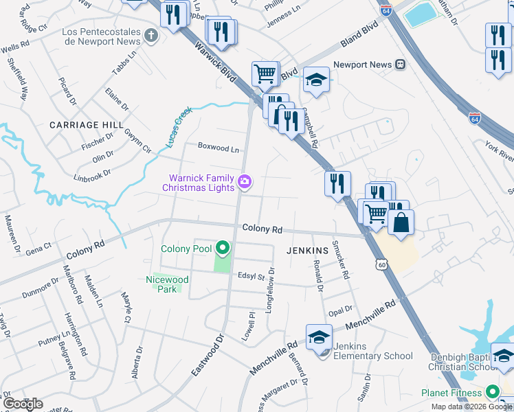 map of restaurants, bars, coffee shops, grocery stores, and more near 426 Dora Drive in Newport News
