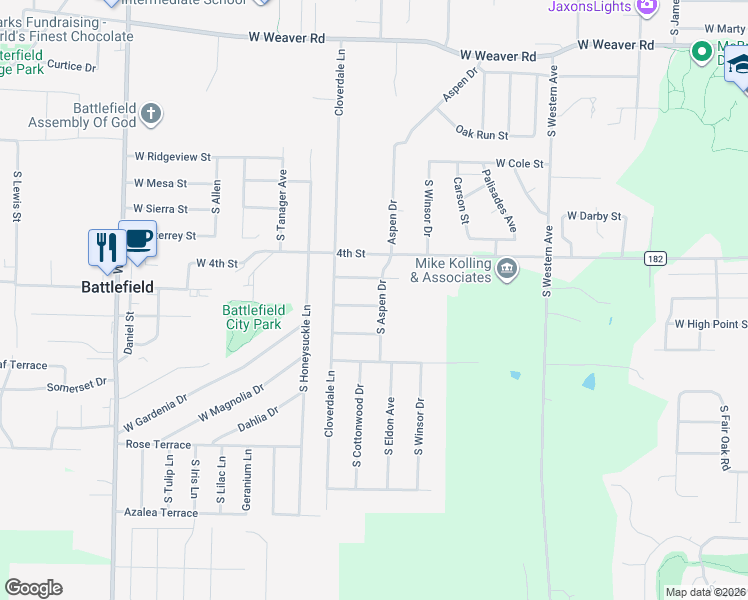map of restaurants, bars, coffee shops, grocery stores, and more near 3828 West Carnation Lane in Battlefield