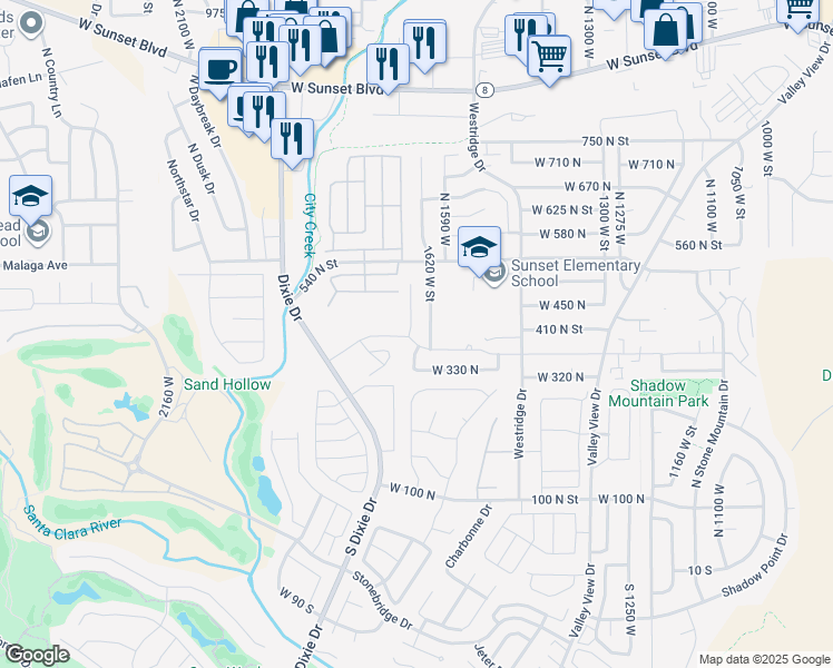 map of restaurants, bars, coffee shops, grocery stores, and more near 380 North 1660 West Circle in St. George