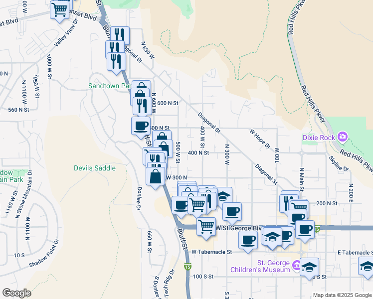 map of restaurants, bars, coffee shops, grocery stores, and more near 468 West 400 North in St. George