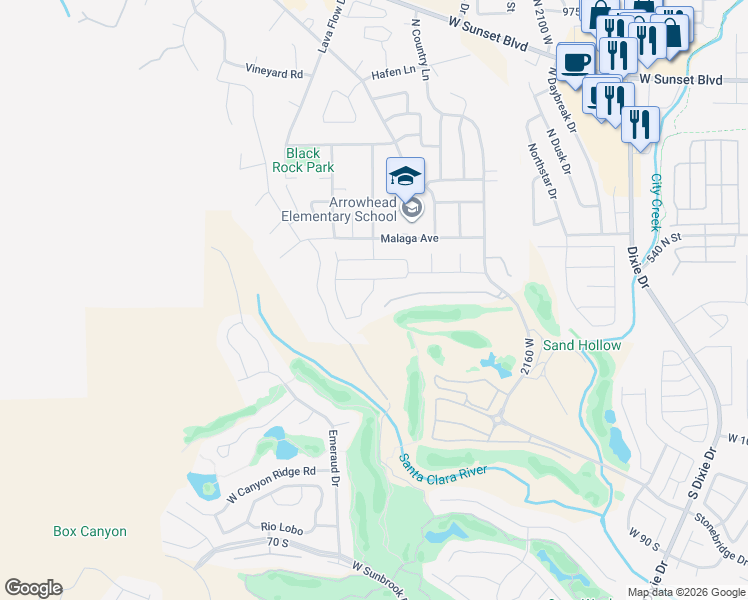 map of restaurants, bars, coffee shops, grocery stores, and more near 404 North Marsala Way in St. George
