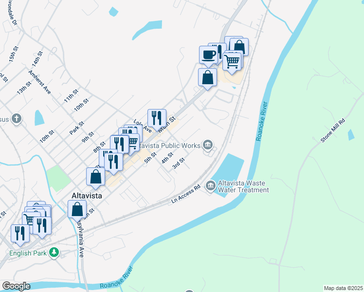 map of restaurants, bars, coffee shops, grocery stores, and more near 1303 4th Street in Altavista