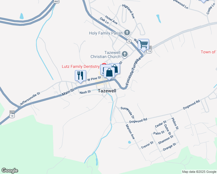 map of restaurants, bars, coffee shops, grocery stores, and more near 145 Main Street in Tazewell
